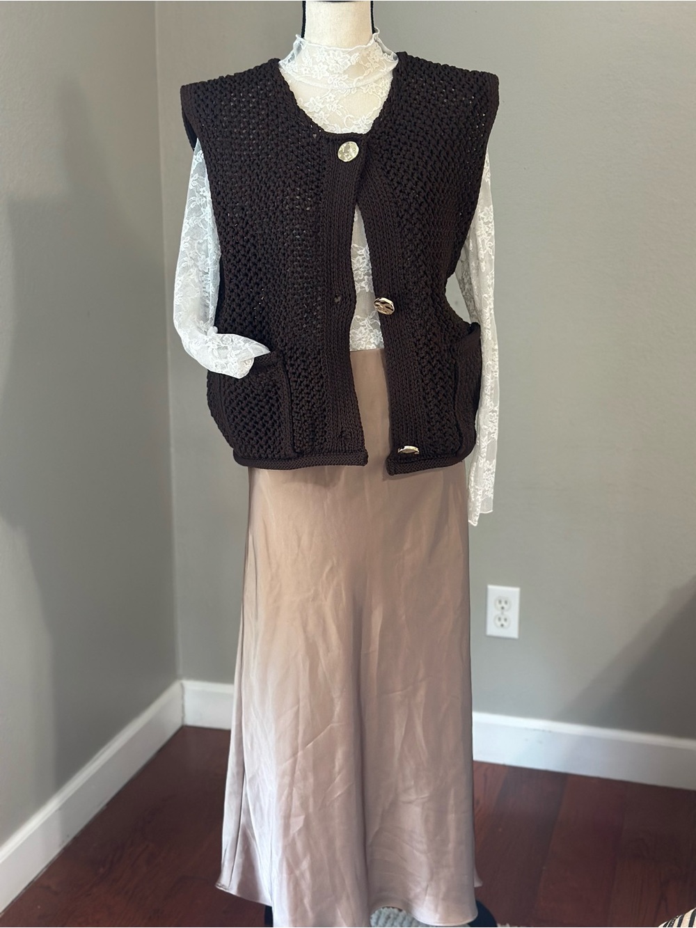 Trendy Dark Brown Crochet Knitted Button-Front Transitional Vest